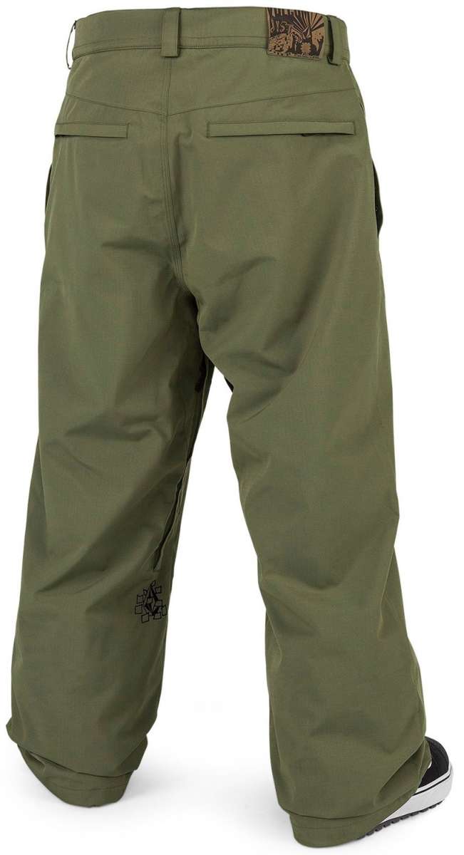 Volcom X Dustbox Pant 2024 - Olive green pants with a black logo on the left leg and a brown tag on the back waistband.