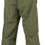 Volcom X Dustbox Pant 2024 - Olive green pants with a black logo on the left leg and a brown tag on the back waistband.