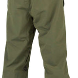 Volcom X Dustbox Pant 2024 - Olive green pants with a black logo on the left leg and a brown tag on the back waistband.