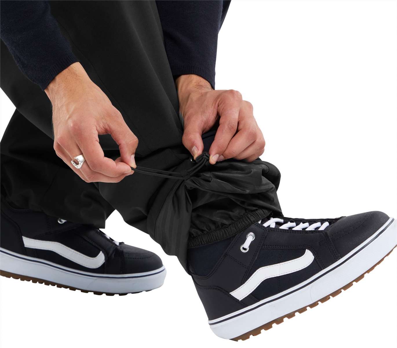 Volcom X Dustbox Pant 2024 - Black pants with a white stripe down the side and elastic waistband.