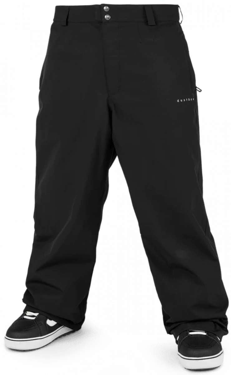 Volcom X Dustbox Pant 2024 - Black snow pants with a white logo on the left thigh and two zippered pockets on the side.