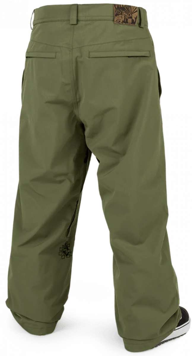 Volcom X Dustbox Pant 2024 - Olive green pants with a brown logo on the left leg and a brown tag on the back waistband.