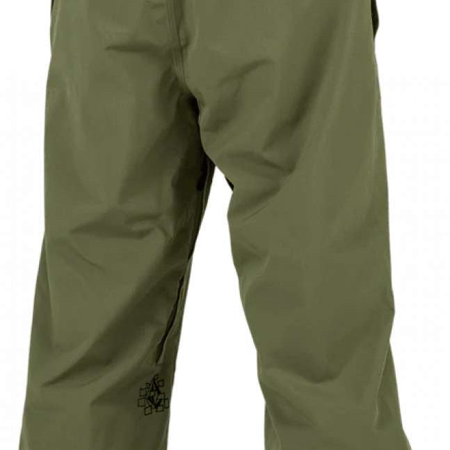 Volcom X Dustbox Pant 2024 - Olive green pants with a brown logo on the left leg and a brown tag on the back waistband.
