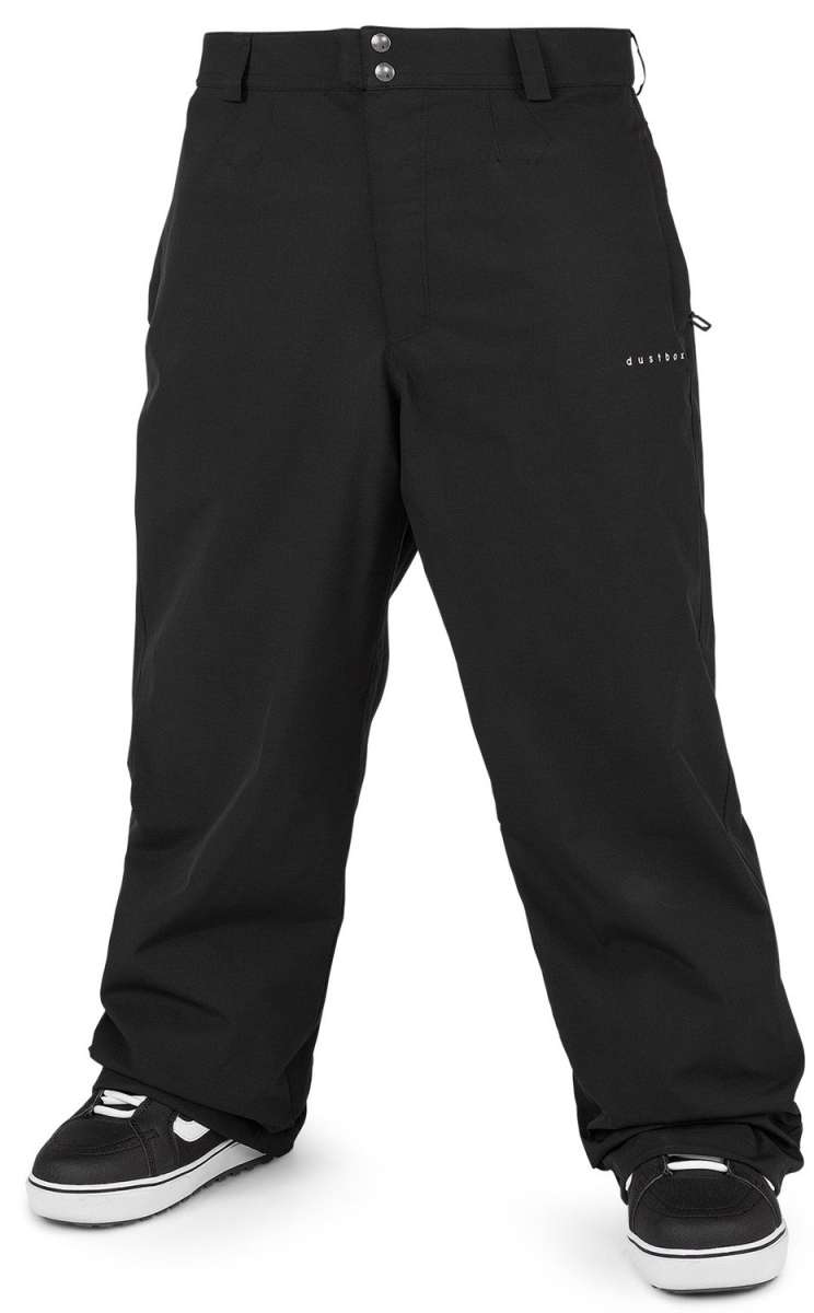 Volcom X Dustbox Pant 2024 - Black snow pants with a subtle white logo on the left thigh and adjustable Velcro straps at the waist.