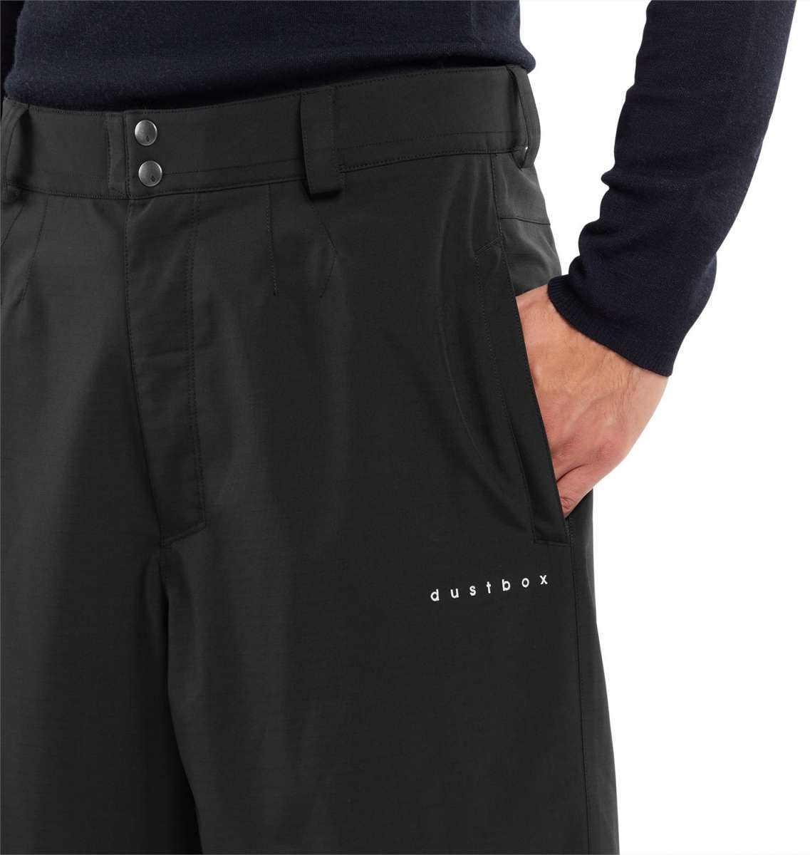 Volcom X Dustbox Pant 2024 - Black pants with a subtle white logo on the left thigh.