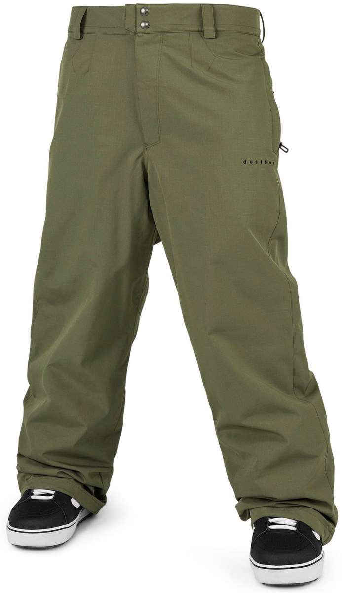 Volcom X Dustbox Pant 2024 - Olive green pants with a subtle black stripe down the side of each leg.