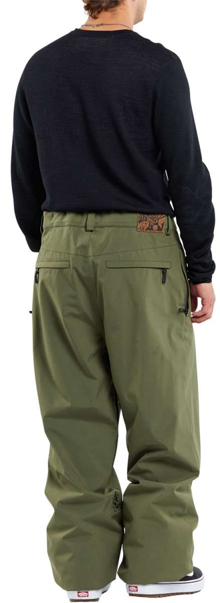 Volcom X Dustbox Pant 2024 - Olive green snow pants with a brown logo on the back pocket.