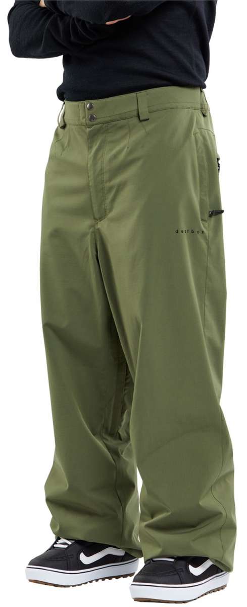 Volcom X Dustbox Pant 2024 - Olive green pants with a subtle black logo on the left thigh and two zippered pockets on the right side.
