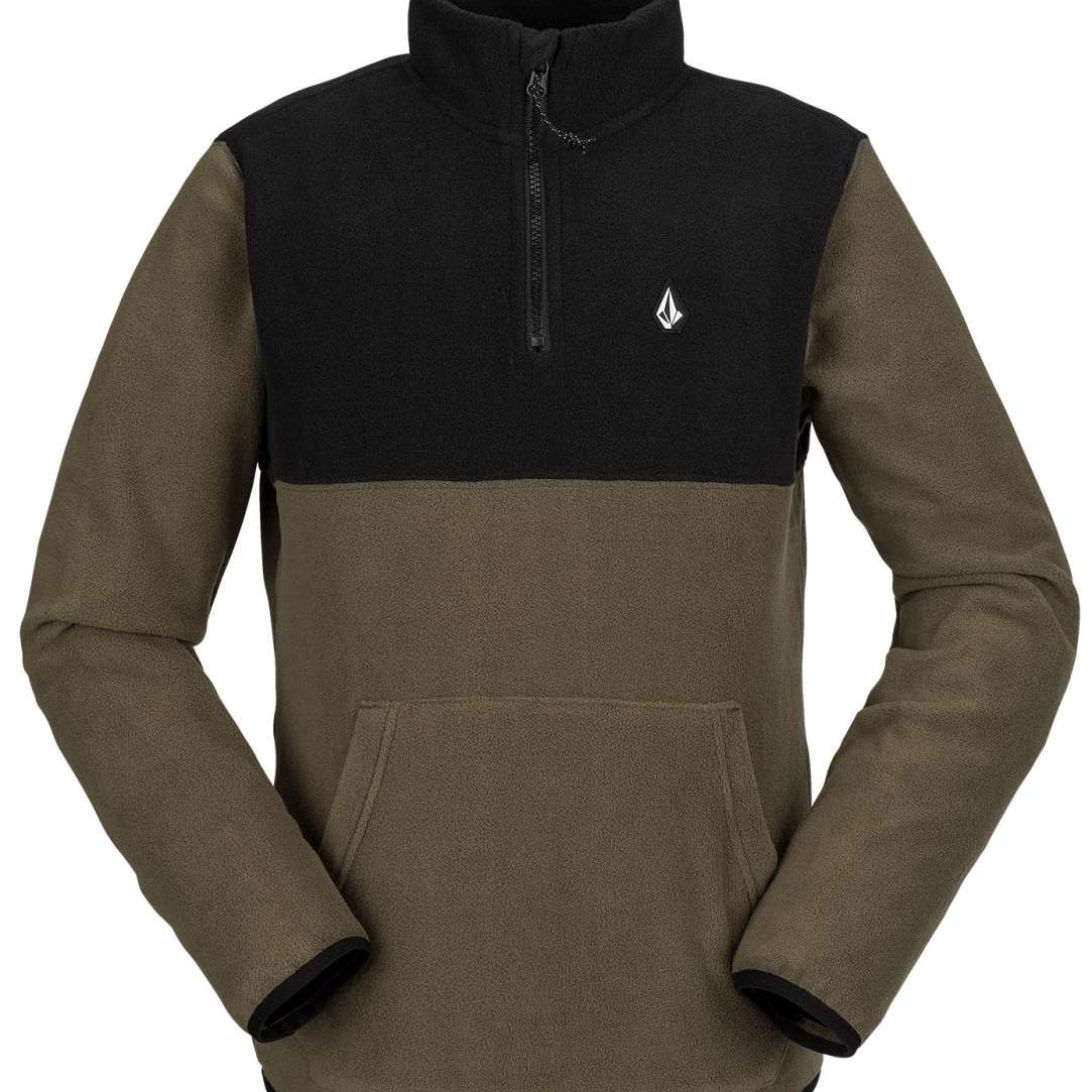 Volcom Youth Polar Pullover Fleece 2023 - A dark gray fleece pullover with a zippered front and two side pockets, featuring a small white logo on the upper left chest area.