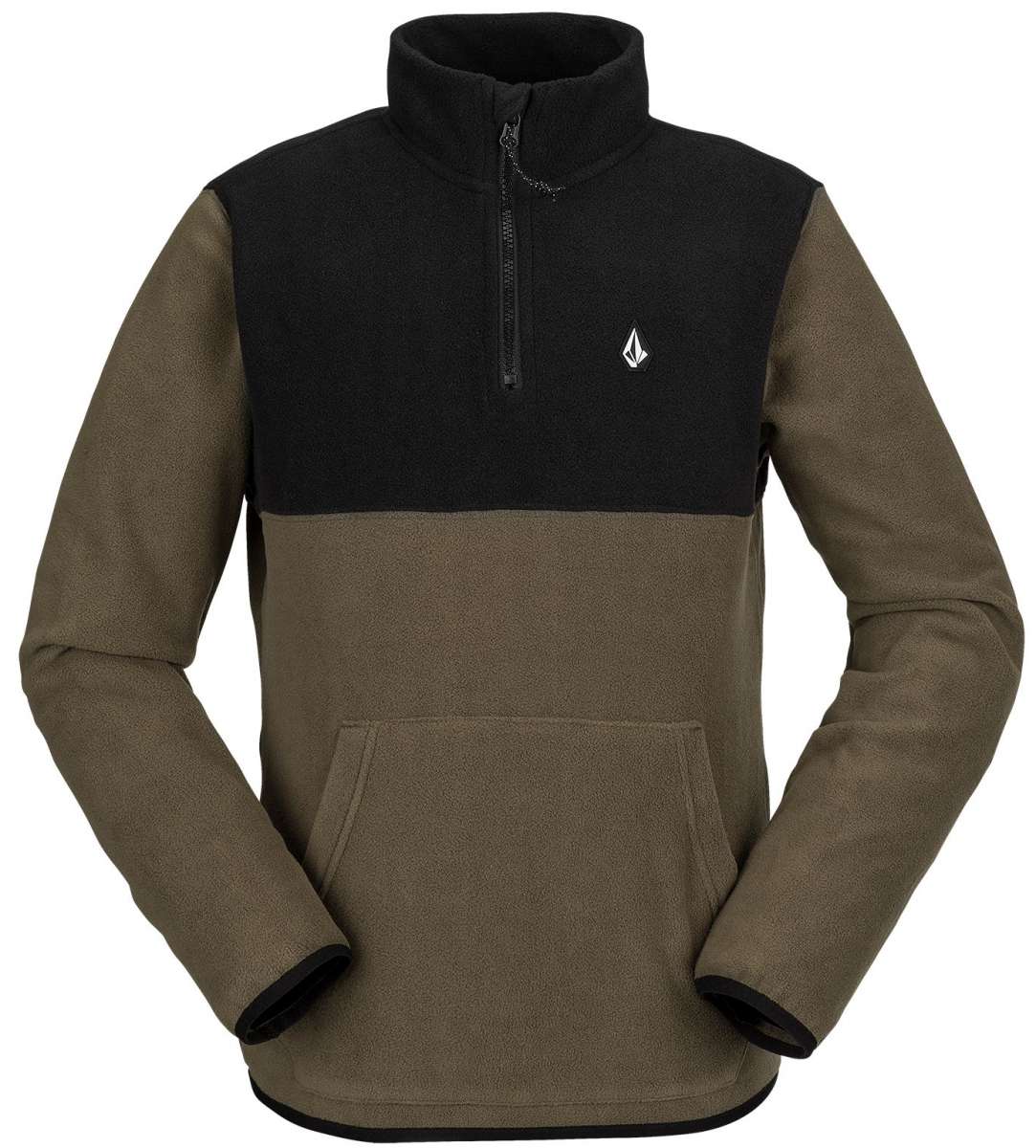 Volcom Youth Polar Pullover Fleece 2023 - A dark gray fleece pullover with a zippered front and two side pockets, featuring a small white logo on the upper left chest area.