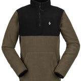 Volcom Youth Polar Pullover Fleece 2023 - A dark gray fleece pullover with a zippered front and two side pockets, featuring a small white logo on the upper left chest area.