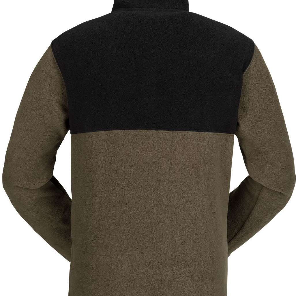 Volcom Youth Polar Pullover Fleece 2023 - A dark-colored fleece pullover with a high collar and zippered front, featuring a large graphic on the back.