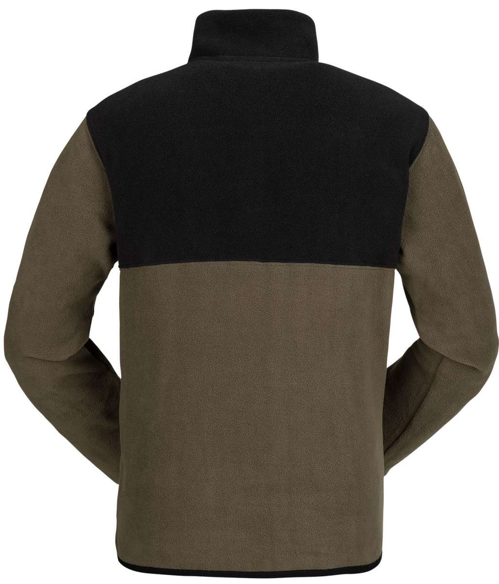 Volcom Youth Polar Pullover Fleece 2023 - A dark-colored fleece pullover with a high collar and zippered front, featuring a large graphic on the back.