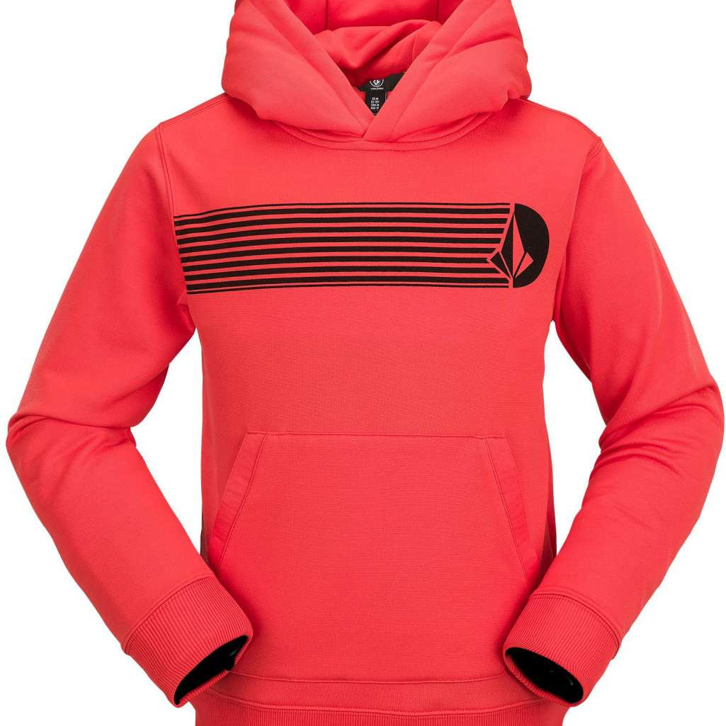Volcom Youth Riding Fleece Hoodie 2023 - A coral-colored hoodie with a black horizontal striped design across the chest area.