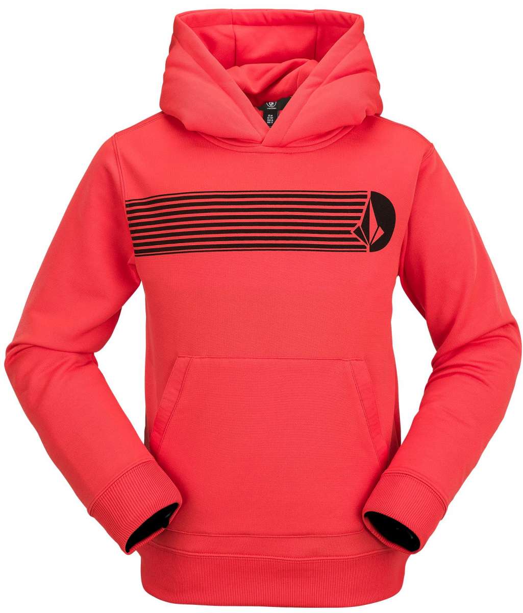 Volcom Youth Riding Fleece Hoodie 2023 - A coral-colored hoodie with a black horizontal striped design across the chest area.