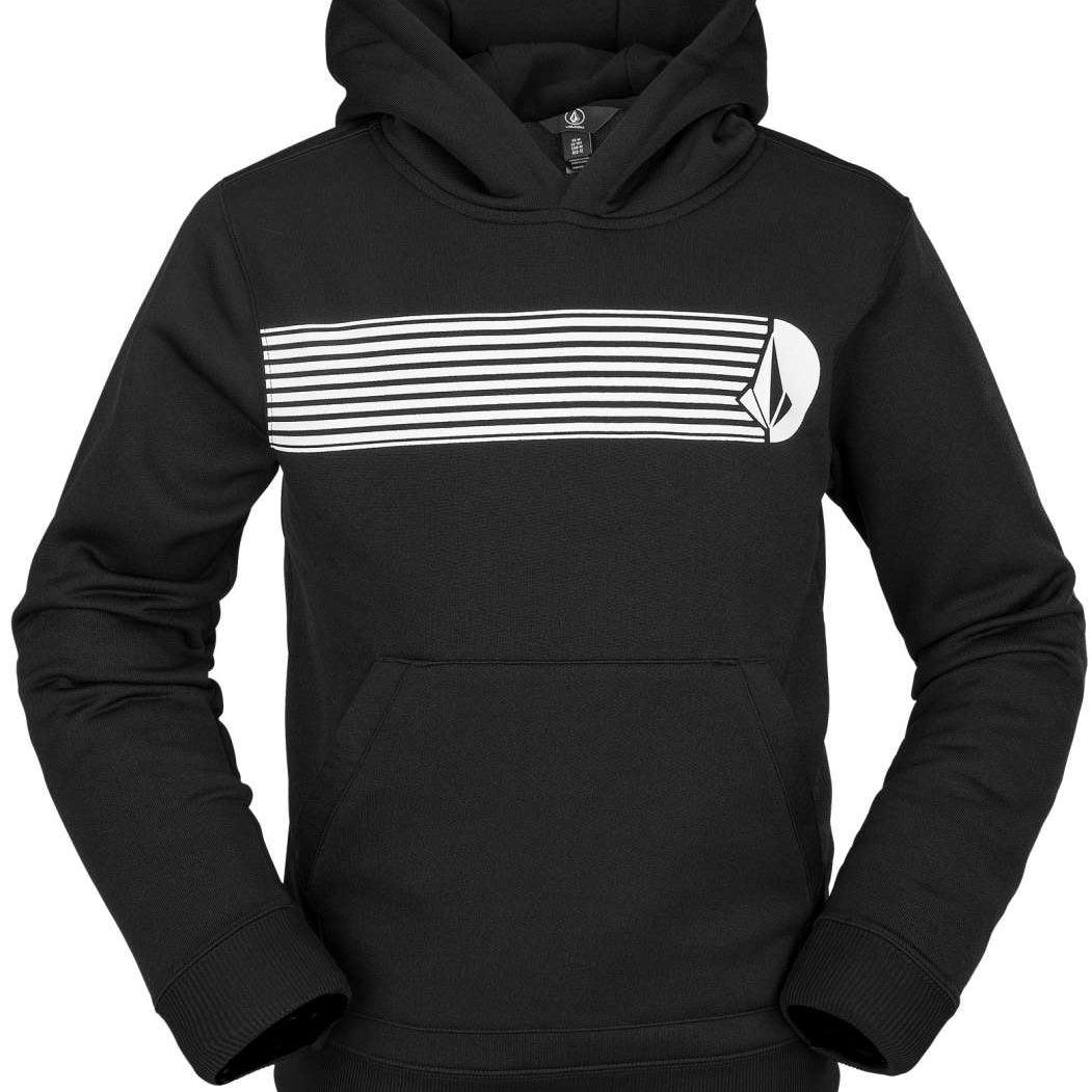 Volcom Youth Riding Fleece Hoodie 2023 - A black hoodie with a white and grey striped design on the chest.