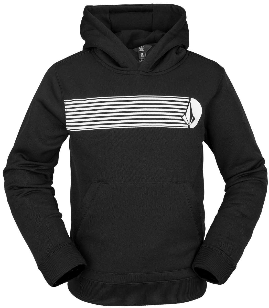 Volcom Youth Riding Fleece Hoodie 2023 - A black hoodie with a white and grey striped design on the chest.
