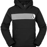 Volcom Youth Riding Fleece Hoodie 2023 - A black hoodie with a white and grey striped design on the chest.