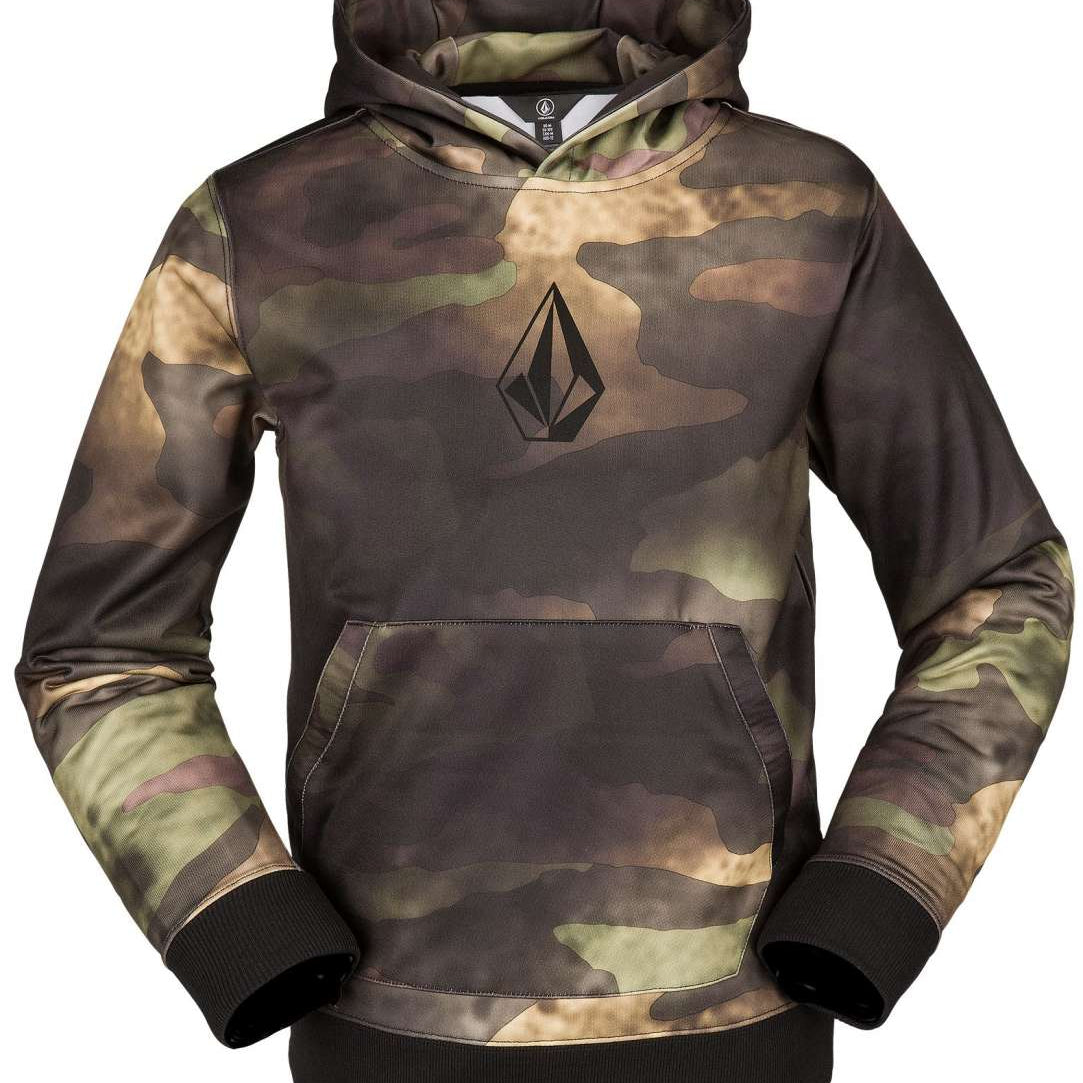 Volcom Youth Riding Fleece Hoodie 2023 - A dark green fleece hoodie with a large, white graphic of a man riding a skateboard on the front.