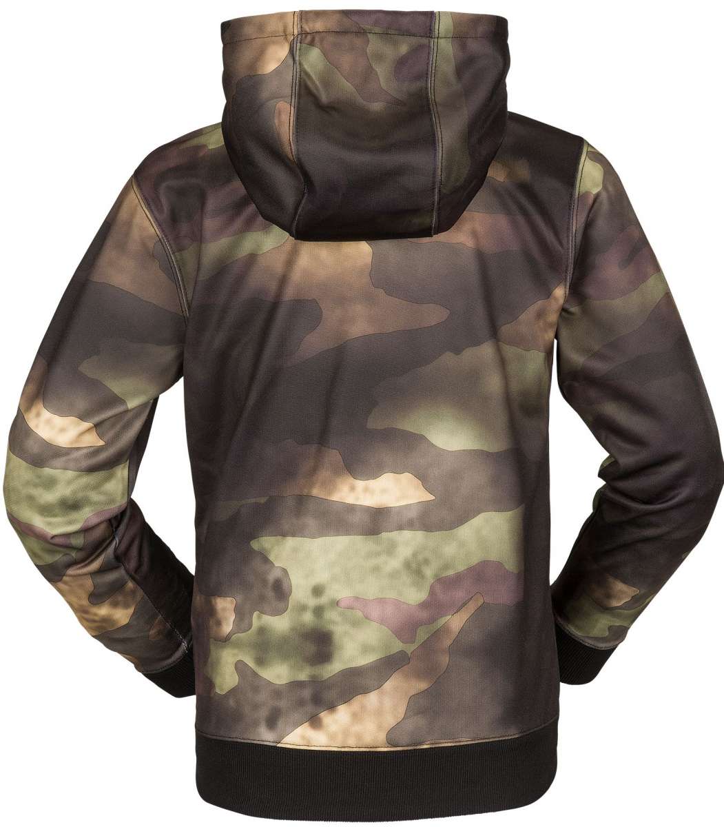 Volcom Youth Riding Fleece Hoodie 2023 - A dark green fleece hoodie with a large graphic of a man riding a skateboard on the front.