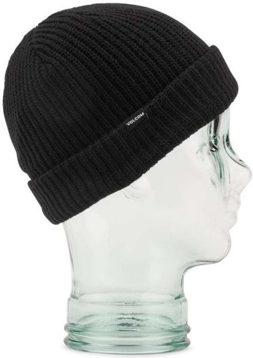 Volcom Youth Sweep Lined Beanie 2023 - Black beanie with a ribbed cuff and white embroidered logo on the front.