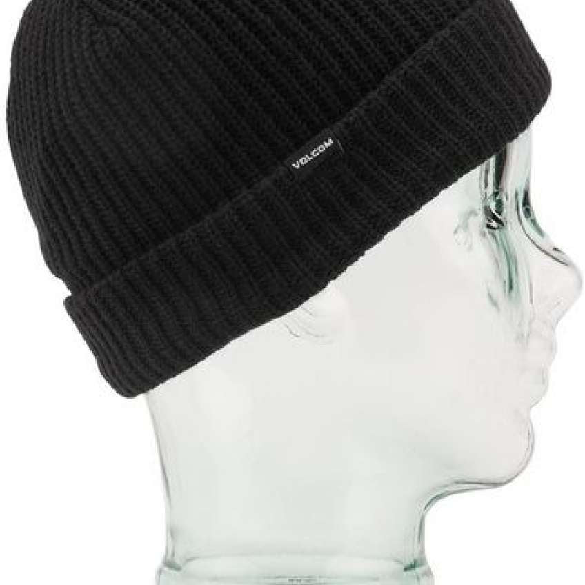 Volcom Youth Sweep Lined Beanie 2023 - Black beanie with a ribbed cuff and white embroidered logo on the front.