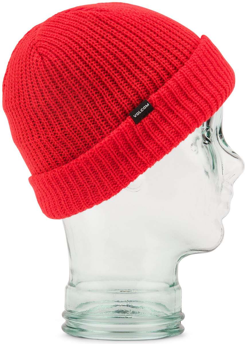 Volcom Youth Sweep Lined Beanie 2023 - A red beanie with a black label that says "VOLCOM" in white letters on the front.
