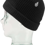 Volcom Youth Sweep Lined Beanie 2023 - A black beanie with a white embroidered logo on the front.