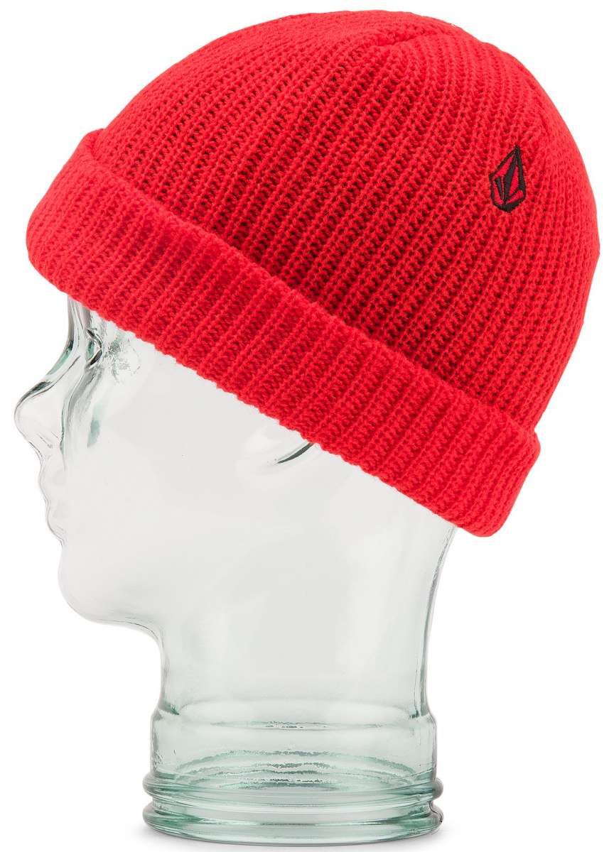 Volcom Youth Sweep Lined Beanie 2023 - A red beanie with a black embroidered logo on the front.