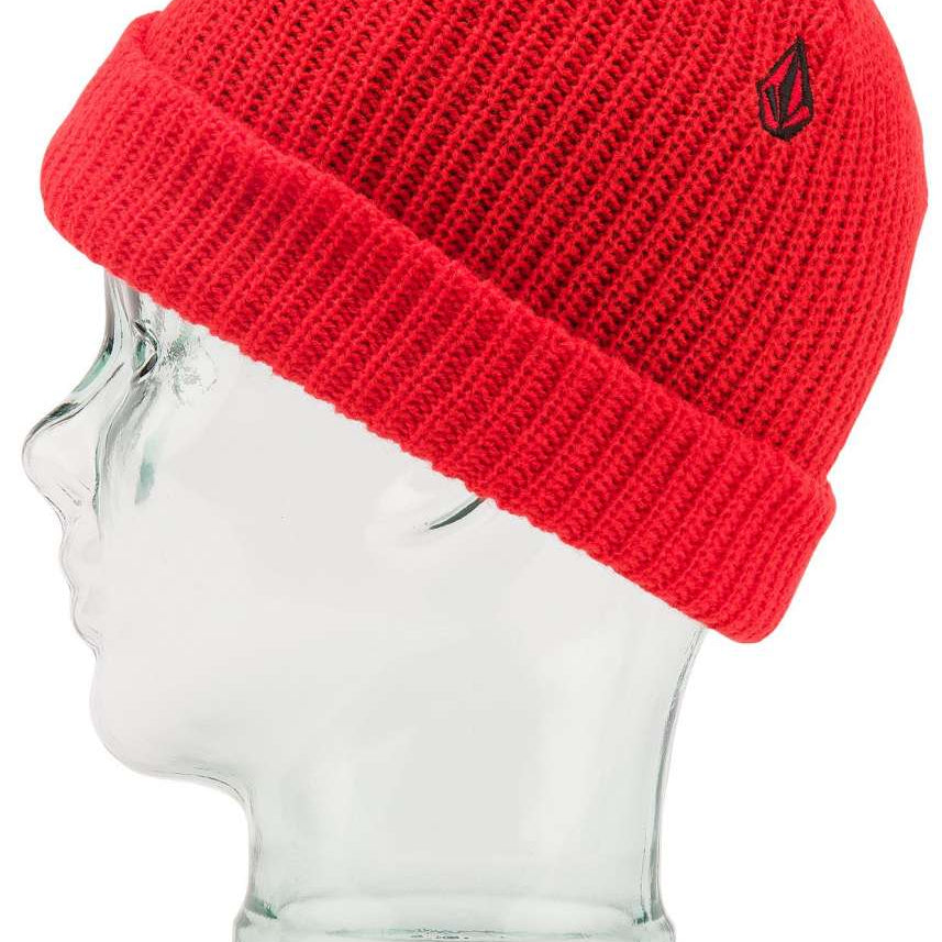 Volcom Youth Sweep Lined Beanie 2023 - A red beanie with a black embroidered logo on the front.