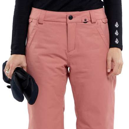 Volcom Women's Frochickie Insulated Pant - Black snow pants with white logo on left thigh and right calf.