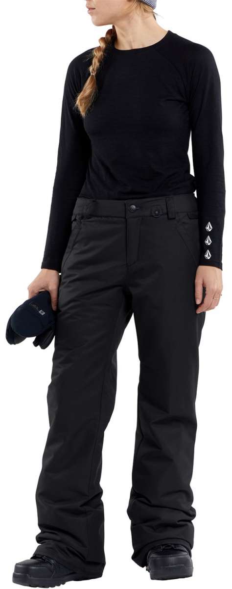 Volcom Women's Frochickie Insulated Pant - Black snowboard pants with a subtle white logo on the left leg cuff.