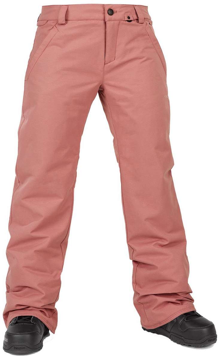 Volcom Women's Frochickie Insulated Pant - A dusty rose-colored pair of insulated ski pants with a zippered pocket on the side and a small white logo near the upper right thigh.