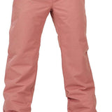 Volcom Women's Frochickie Insulated Pant - A dusty rose-colored pair of insulated ski pants with a zippered pocket on the side and a small white logo near the upper right thigh.