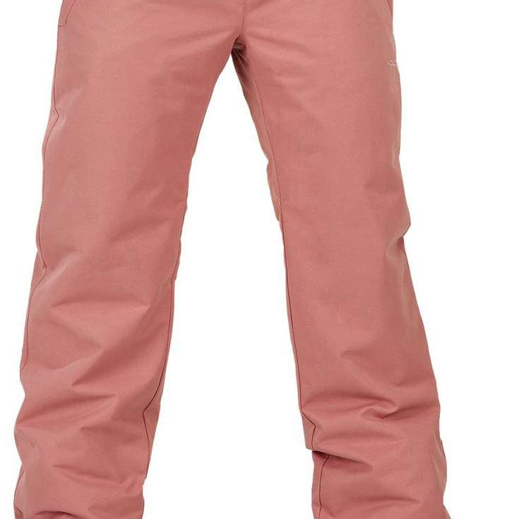 Volcom Women's Frochickie Insulated Pant - A dusty rose-colored pair of insulated ski pants with a zippered pocket on the side and a small white logo near the upper right thigh.