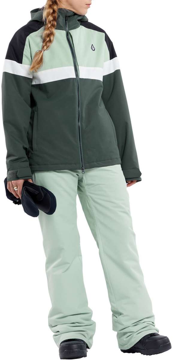 Volcom Women's Frochickie Insulated Pant 2024 - A dark green insulated ski pant with a white stripe on the side of the leg.