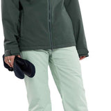 Volcom Women's Frochickie Insulated Pant 2024 - A dark green insulated ski pant with a white stripe on the side of the leg.