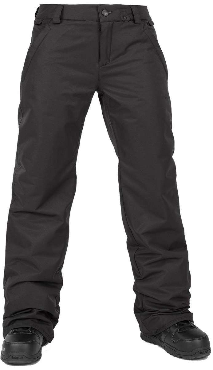 Volcom Women's Frochickie Insulated Pant - Black snow pants with a subtle white stripe pattern on the side of each leg.
