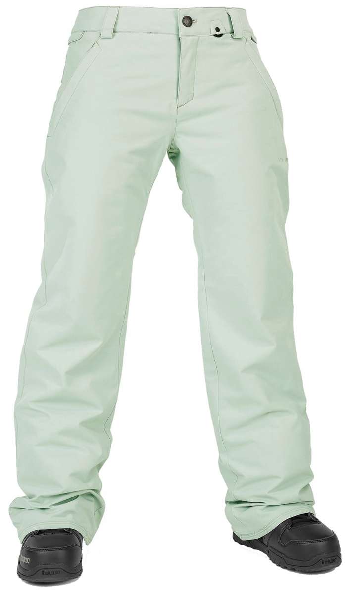 Volcom Women's Frochickie Insulated Pant - Light green snow pants with a subtle floral pattern on the side of one leg.