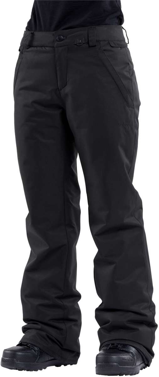 Volcom Women's Frochickie Insulated Pant - Black insulated snow pants with a zippered pocket on the side of one leg.