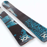 Volk Junior's Revolt 100 Ski 2023 - A black and white ski with a blue logo on the top of the binding area.