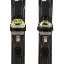 Volkl Deacon 79 Skis with IPT XL 12 TCX Ski Bindings - Black skis with yellow and white lettering, featuring a geometric pattern on the top sheet.