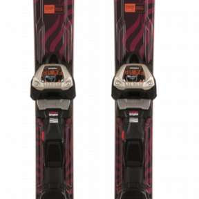 Volkl Women's Flair 79 Skis with XL 11 TCX Bindings - Black skis with a pink zebra-striped pattern on the top sheet, featuring a black and silver binding.