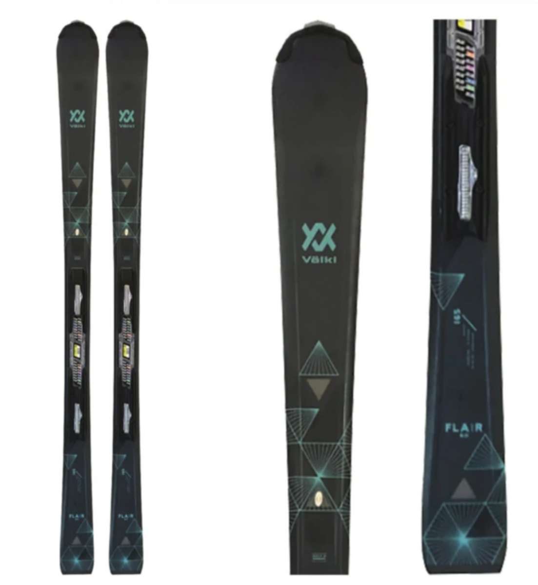 Volkl Women's Flair 8.0 Skis 2023 - Black skis with a geometric pattern on top and bottom, featuring a light blue triangle design.