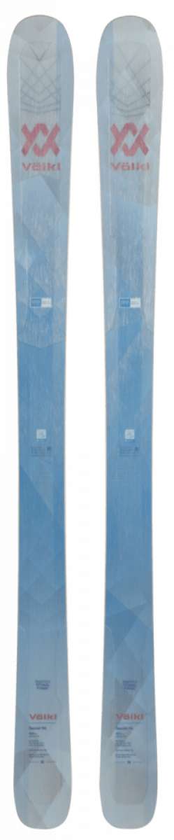 Volkl Women's Secret 96 Skis 2024 - White skis with a geometric pattern on top and bottom, featuring a diamond-shaped design in light blue and dark blue hues.