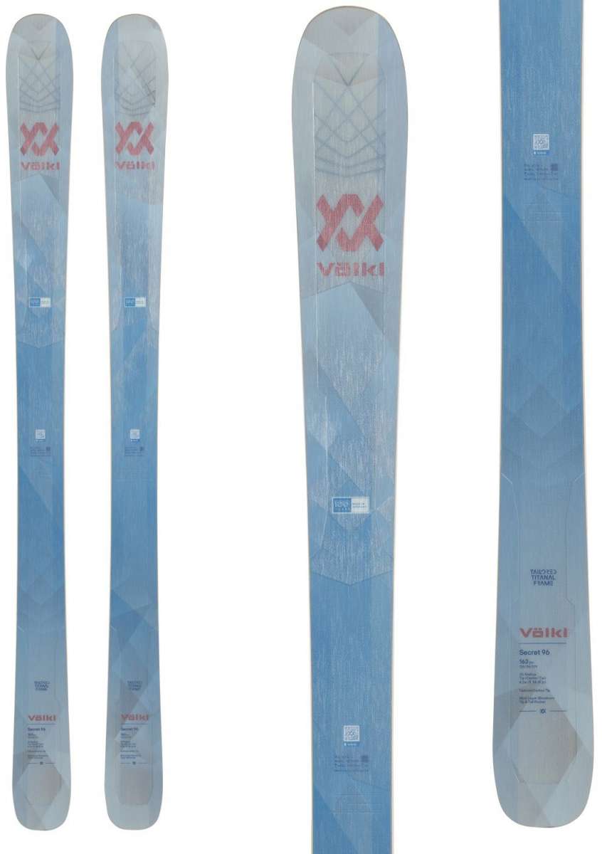 Volkl Women's Secret 96 Skis 2024 - White skis with a geometric pattern on top and bottom, featuring a diamond-shaped design in red and gray.