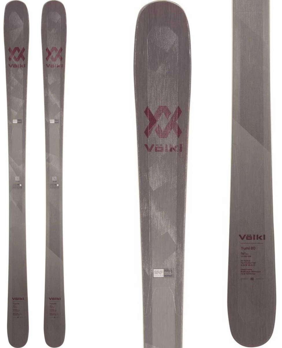 Volkl Women's Yumi 80 Skis 2024 - Gray skis with a geometric pattern on top and bottom, featuring a distinctive red logo in the center of the top sheet.