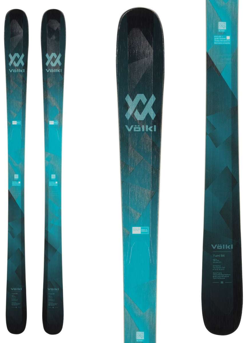 Volkl Women's Yumi 84 Skis 2024 - Black skis with a geometric pattern and white lettering on top.