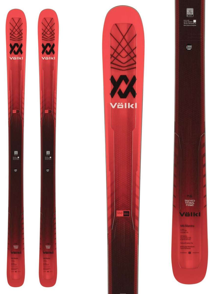 Volkl M6 Mantra Skis 2024 - A pair of skis with a red base color and black lettering on top.