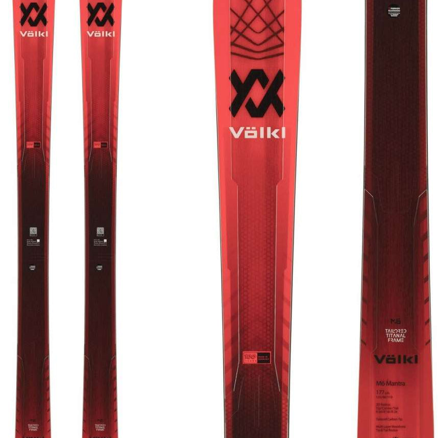 Volkl M6 Mantra Skis 2024 - A pair of skis with a red base color and black lettering on top.